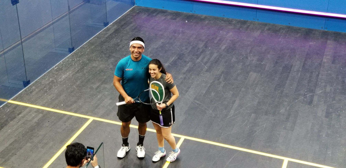 Picture of Squash Coach Sergio Lopez playing the exhibition Match in DC