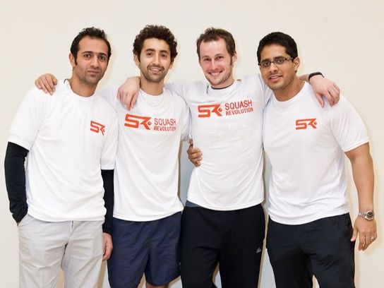 Picture of Squash Players Amr Shabana, Shahier Razik, Gregory Gaultier, and Abir Ray wearing Squash Revolution Shirts