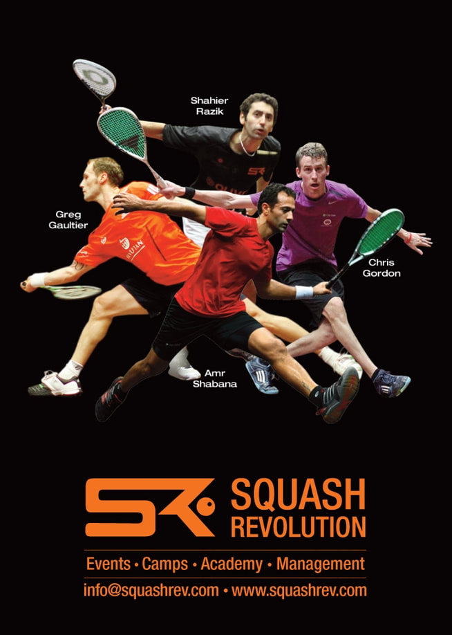 Poster of squash pros Chris Gordon, Amr Shabana, Gregory Gaultier, and Shahier Razil